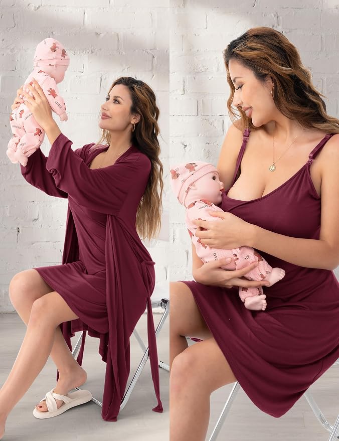 SUNNYBUY Women's Nursing Nightgown Maternity Robe Set, 3 in 1 Labor Delivery - Image 2