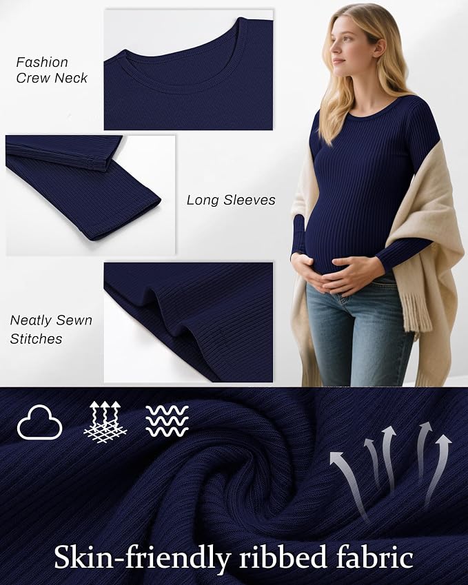 Riyiper 3 Pack Women's Maternity Shirts Long Sleeve Ribbed Knit Pregnancy Tees - Image 3