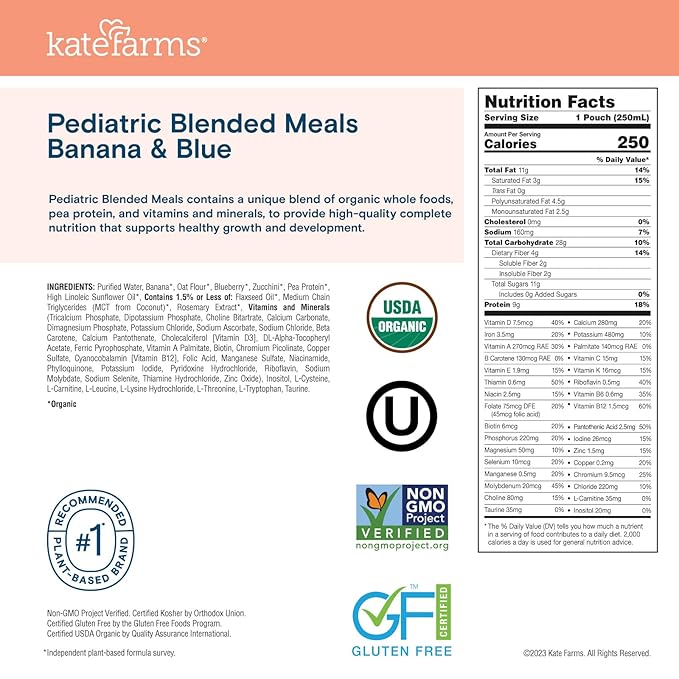 KATE FARMS Organic Pediatric Blended Meal, Bananas and Blueberries, 8g protein - Image 2