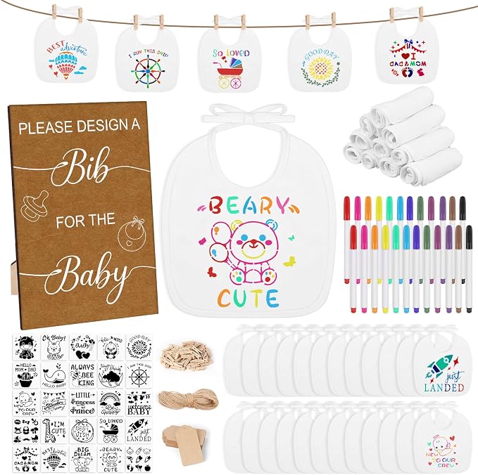 Baby Shower Game Sign Blank Bib DIY Set Newborn Essentials Stuff by Pydeeirom