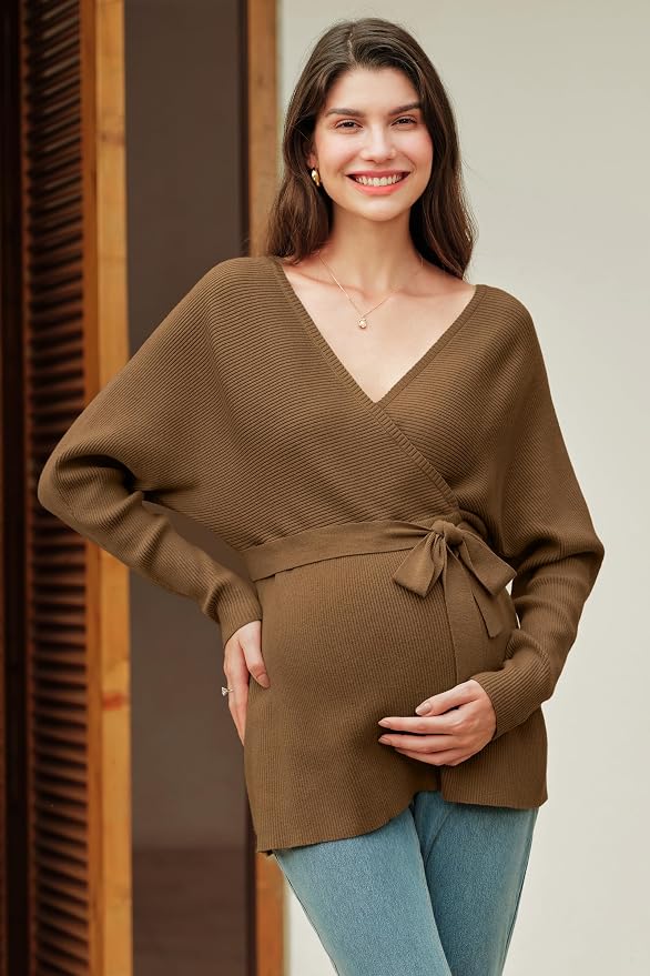 OUGES Womens Soft Cotton Blend Maternity Sweater Wrap V Neck Long Sleeve V Back - Image 5