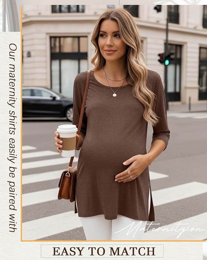 3 Pack Women's 3/4 Sleeve Maternity Shirts Elbow Length Clothes Round Neck - Image 2