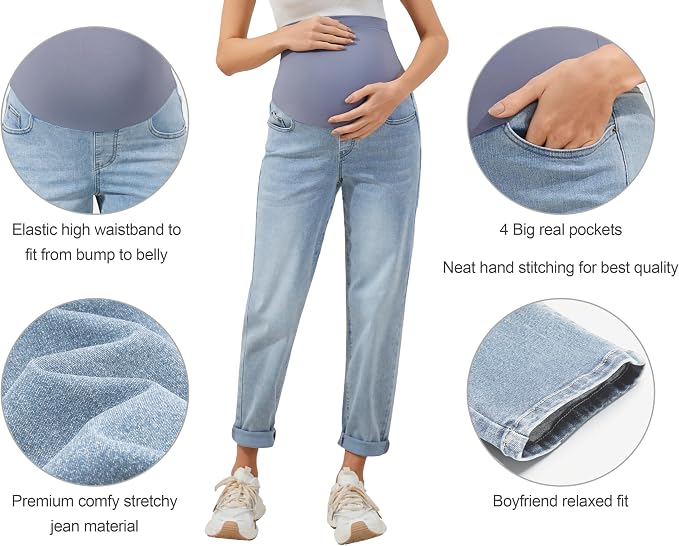 POSHGLAM Women's Maternity Jeans Over Belly Comfy Stretch 28'' Boyfriend Jeans - Image 2