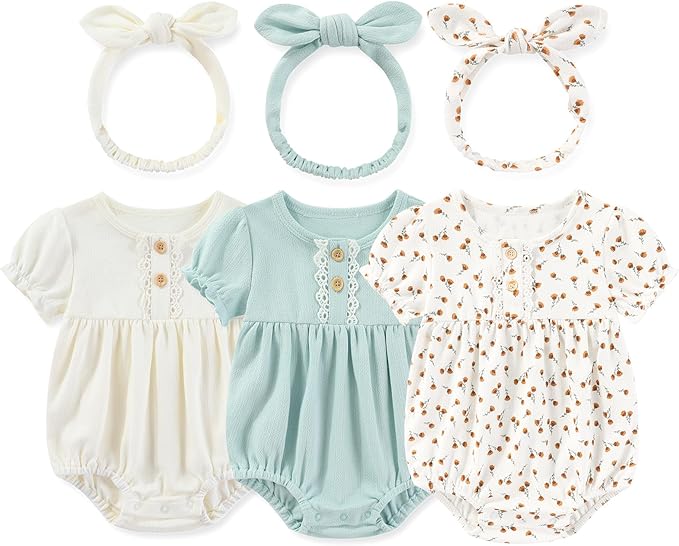 Newborn Baby Girl Clothes Cotton Bubble Romper Floral Short Sleeve Bodysuit 3 by MAMIMAKA