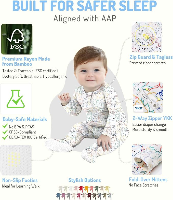 HAPIU Rayon from Bamboo Baby Footed Pajamas, 2 Way Zipper YKK, Footie - Image 2