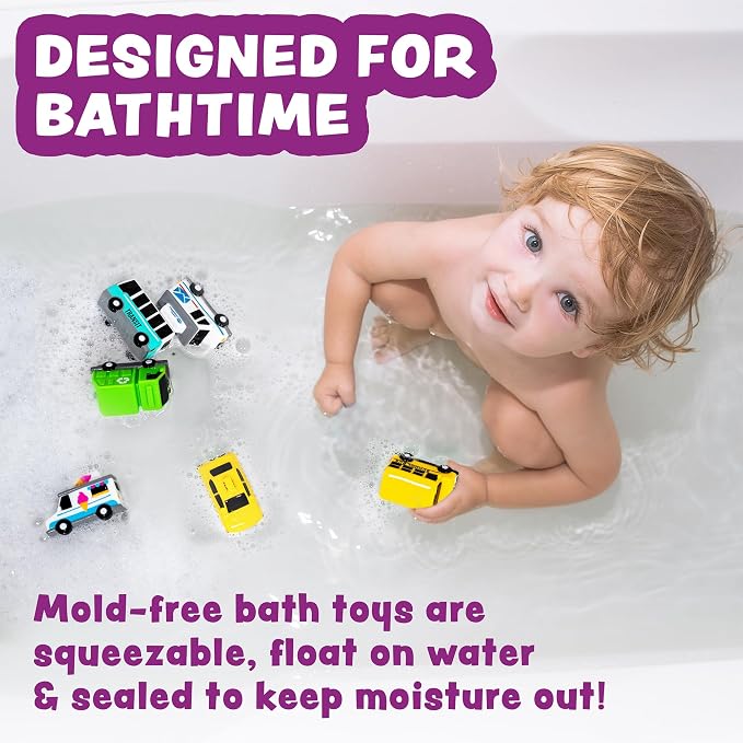 Tub Works® Vehicles™ Bath Cars Mold Free Bath Toys, 6 Pack | Sealed, No Hole - Image 2