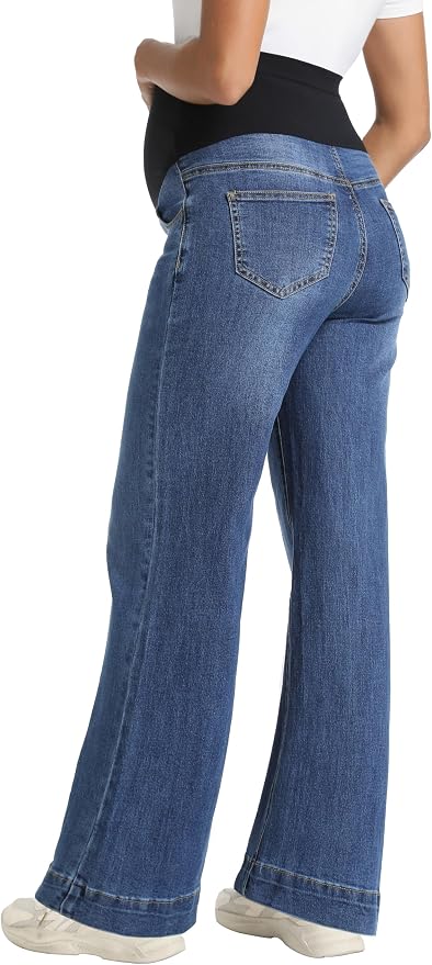 Foucome Women's Maternity Jeans Wide Leg Trendy Comfy Stretchy Straight Leg - Image 5