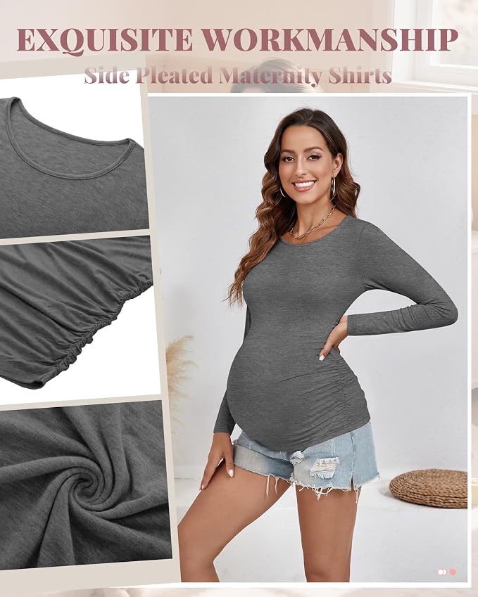 Ficerd 3 Pack Women's Maternity Shirts, Long Sleeve Side Ruched Pregnancy Tee - Image 6