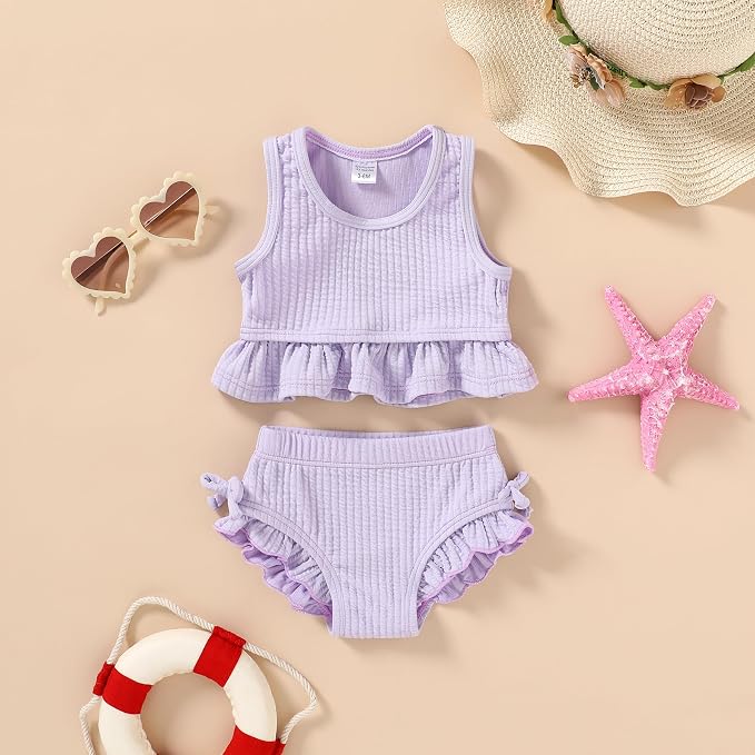 HAPPYMA Baby Swimsuit Toddler Girl Bathing Suit Summer Solid Color Bikini Set - Image 2