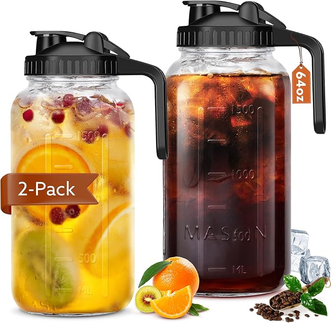 Glass Pitcher with Lid, 64 OZ Mason Jar Pitcher Double Leak Proof, 2 Quart by Mihlapi