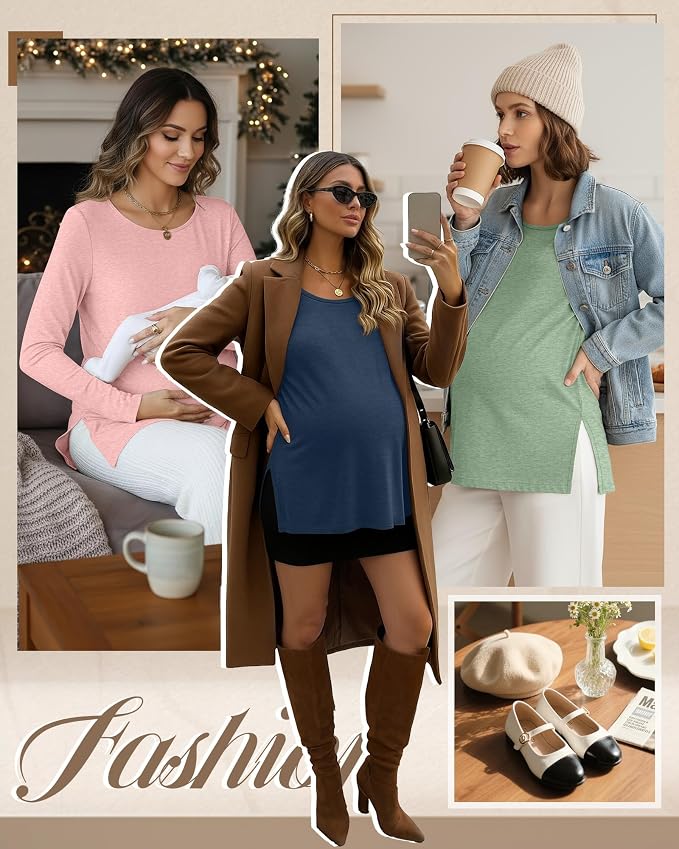 Riyiper 3 Pack Women's Maternity Long Sleeve T-Shirts Round Neck Side Split - Image 2