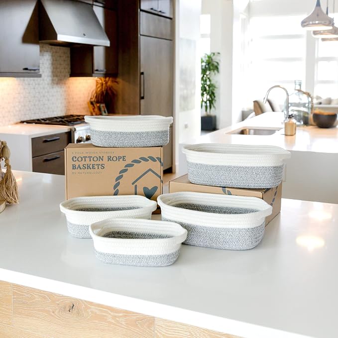NaturalCozy 5-Piece Rectangle Storage Basket Set- Natural Cotton Rope Woven - Image 2
