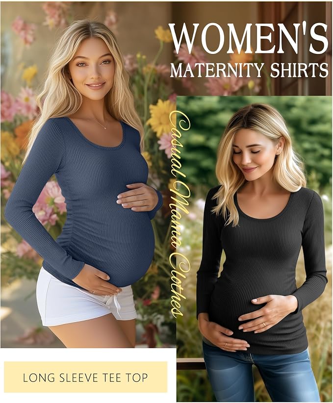 Riyiper 4 Pack Women's Maternity Shirts, Long Sleeve Cotton Ribbed Pregnancy - Image 3