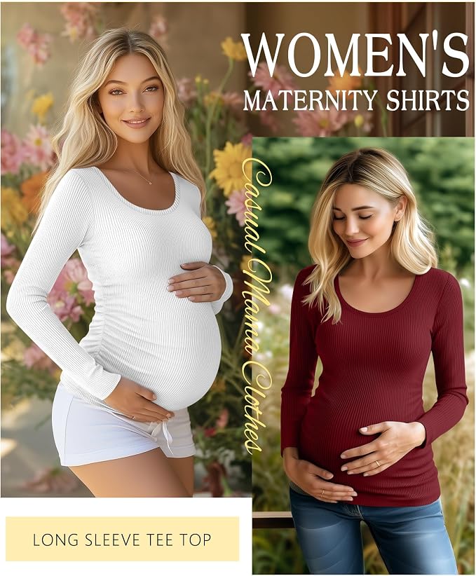 Riyiper 4 Pack Women's Maternity Shirts, Long Sleeve Cotton Ribbed Pregnancy - Image 3