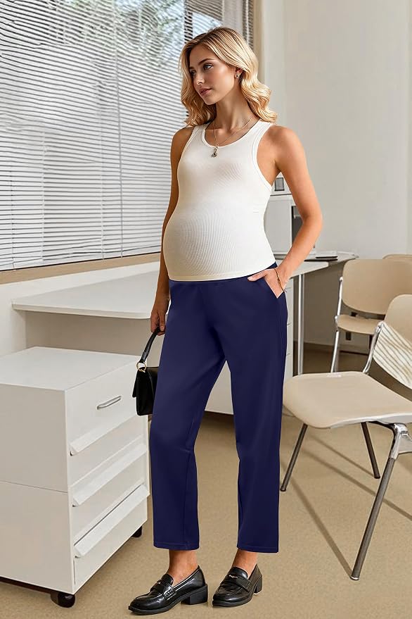 OUGES Womens Stretchy Maternity Over Belly Casual Work Straight Leg Pants Ankle - Image 3