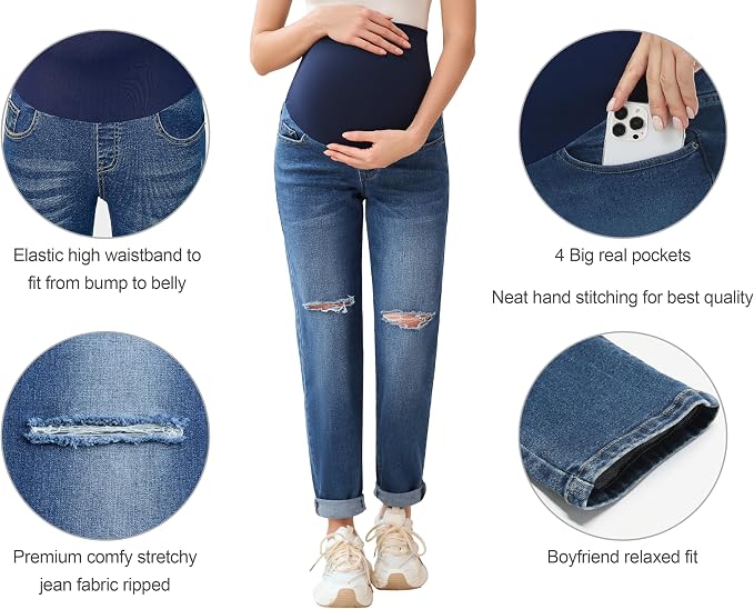 POSHGLAM Women's Maternity Jeans Over Belly Comfy Stretch 28'' Boyfriend Jeans - Image 2