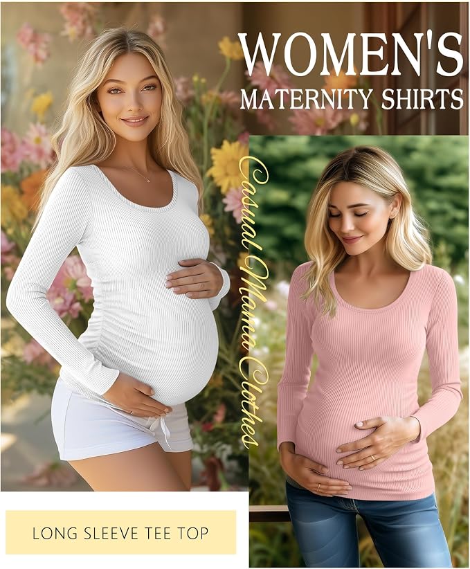 Riyiper 4 Pack Women's Maternity Shirts, Long Sleeve Cotton Ribbed Pregnancy - Image 3