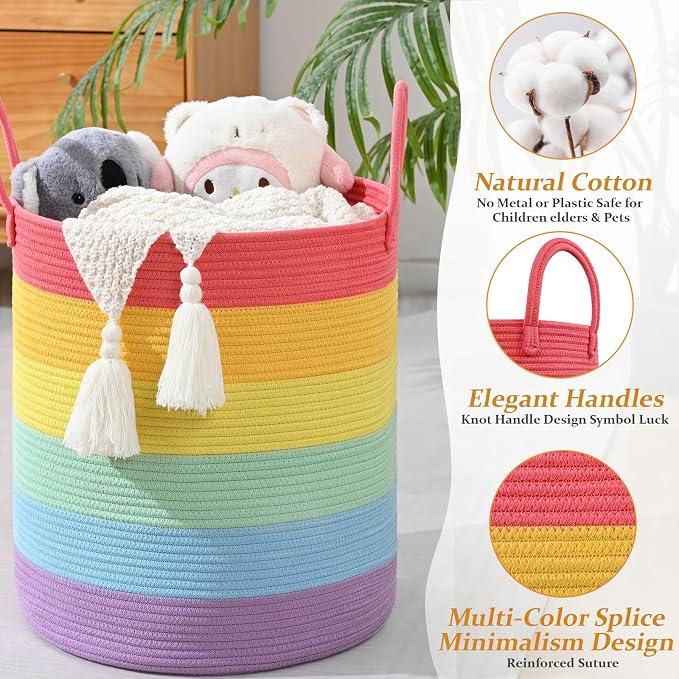 52L Rainbow Storage Basket for Organizing, Cotton Rope Woven Blanket Basket - Image 6
