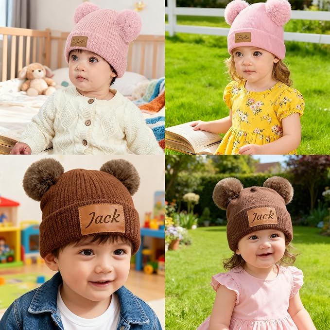 Custom Baby Beanies Personalized Toddler Winter Hats Name Leather Patch Kids - Image 7