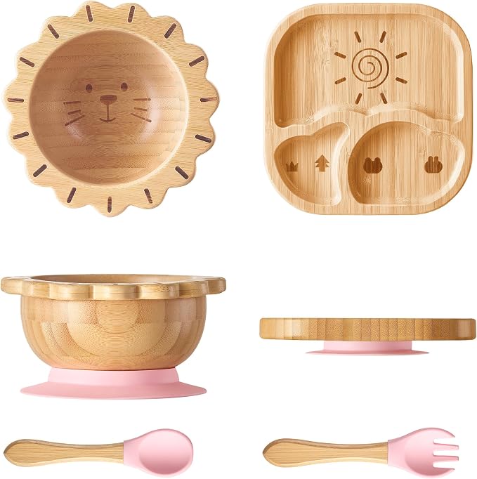 Suction Plates Bowls Set for Baby Toddler Non-Toxic Bamboo Feeding Set by BABY+REMEMBER