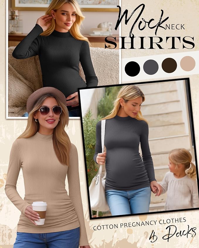 4 Packs Womens Maternity Shirts Long Sleeve Cotton Ribbed Pregnancy Mock Neck - Image 3