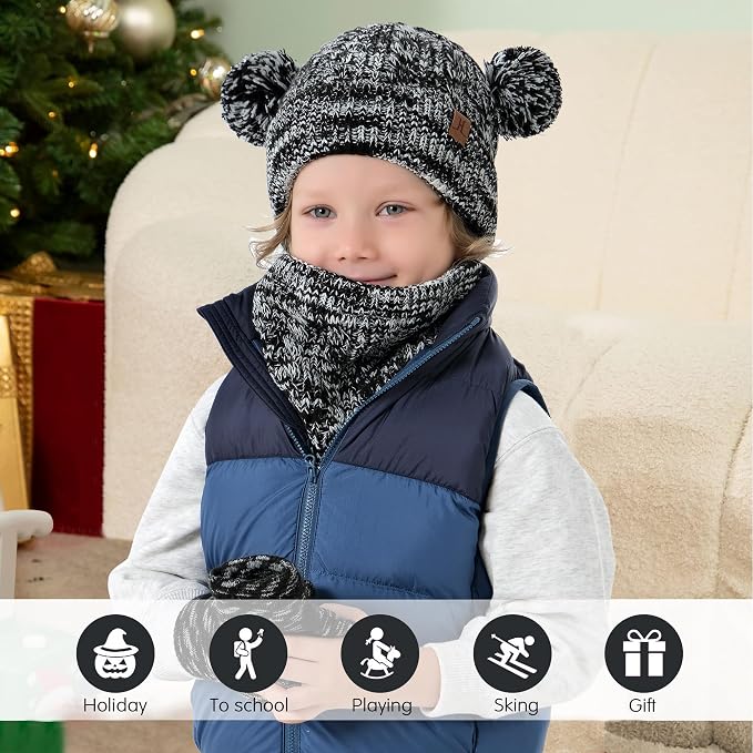 Kids Toddlers Winter Beanie Hats Gloves Neck Scarf Set Mittens Gifts - Image 6