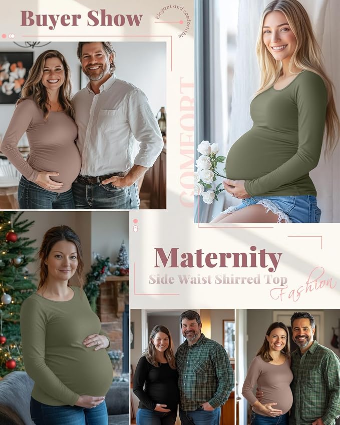 Ficerd 3 Pack Women's Maternity Shirts, Long Sleeve Side Ruched Pregnancy Tee - Image 2