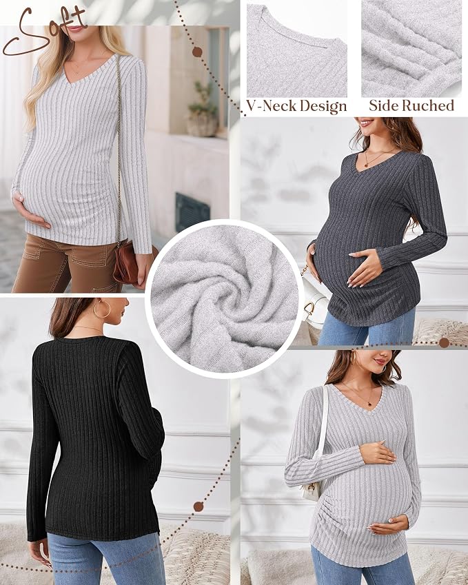 Ficerd 3 Pack Women's Maternity Shirts Ribbed Long Sleeve Pregnancy Tops V Neck - Image 4