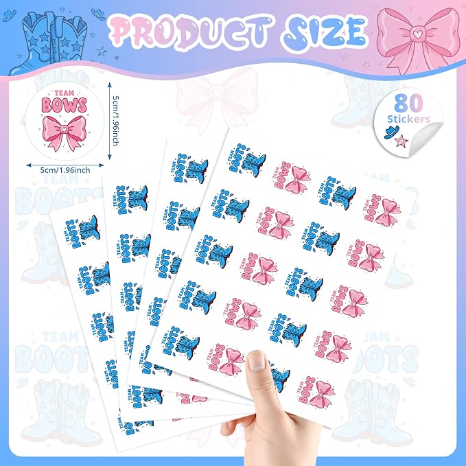80Pcs Funny Boot and Bow Gender Reveal Stickers Roll, 2 inch Team Boy Team Girl - Image 2