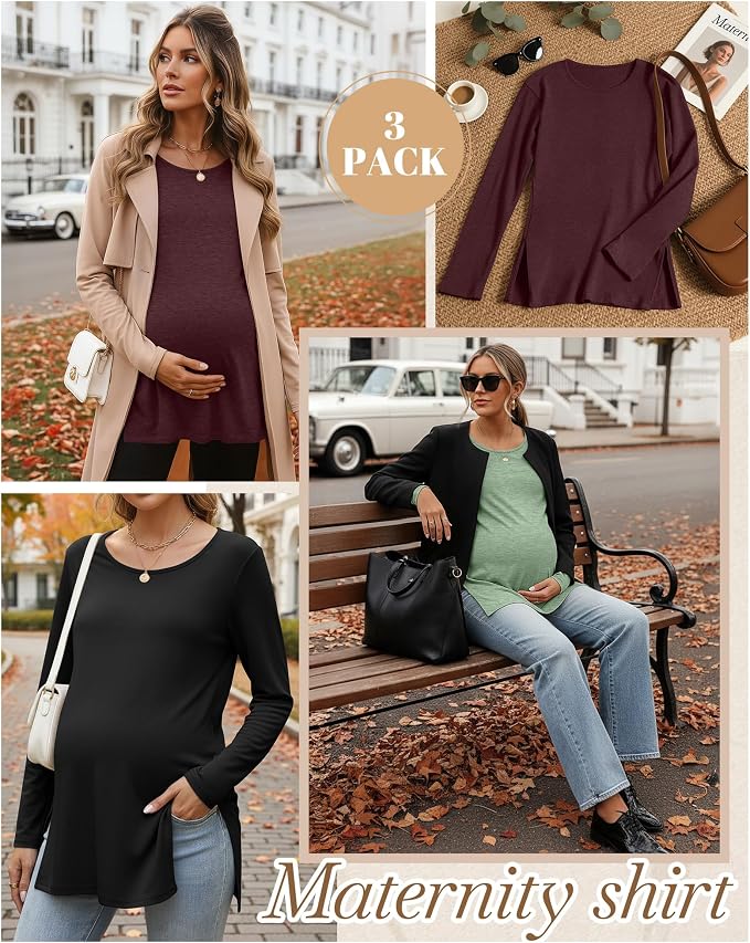 Riyiper 3 Pack Women's Maternity Long Sleeve T-Shirts Round Neck Side Split - Image 4