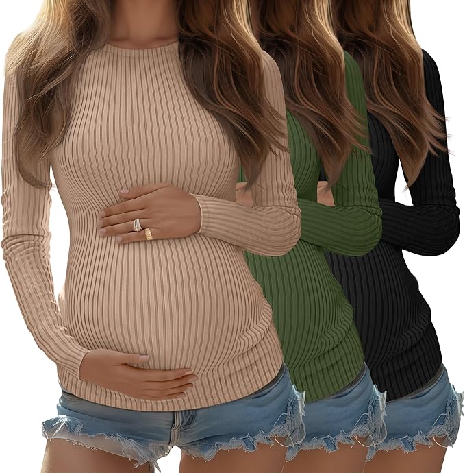Riyiper 3 Pack Women's Maternity Shirts Long Sleeve Ribbed Knit Pregnancy Tees by Riyiper
