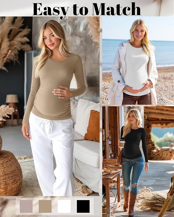 Huukeay 4 Pack Women's Maternity Shirts, Long Sleeve Cotton Ribbed Pregnancy - Image 4