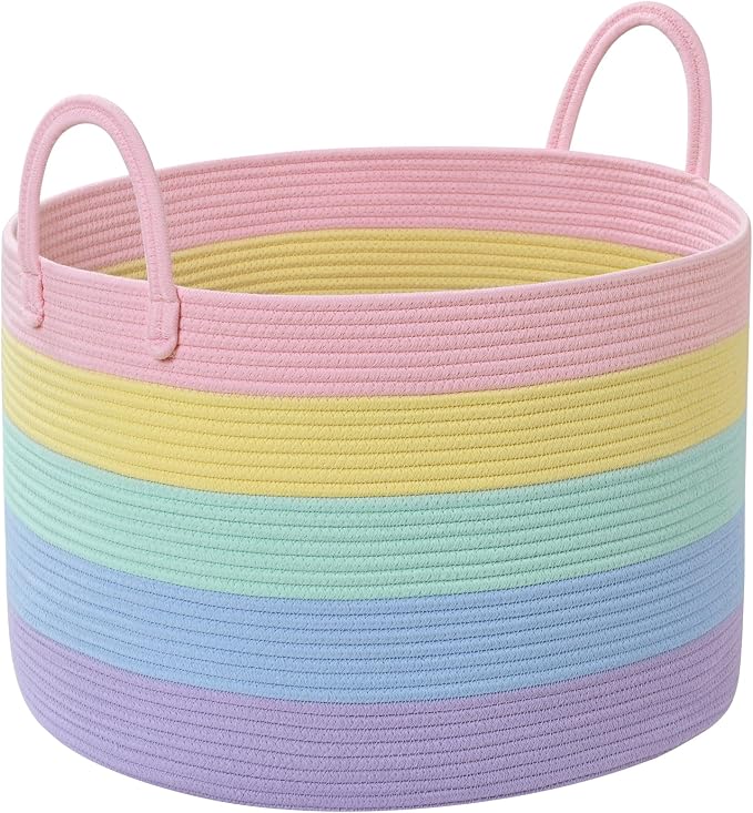 67L Rainbow Storage Basket for Organizing, Cotton Rope Woven Blanket Basket - Image 9