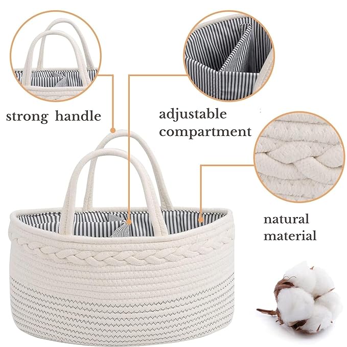 luxury little Diaper Caddy Organizer, Large Cotton Rope Nursery Baby Basket - Image 5