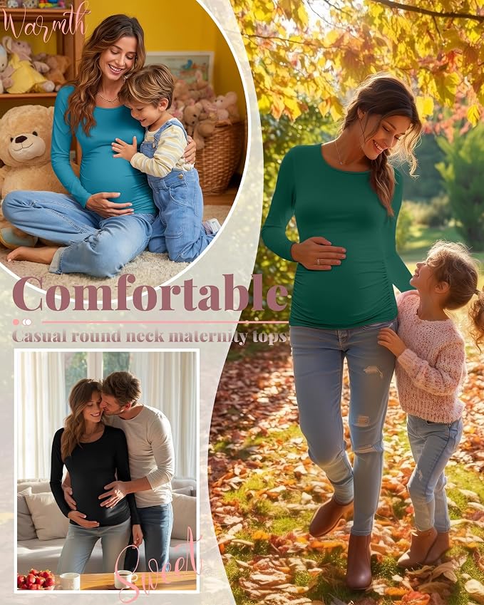 Ficerd 3 Pack Women's Maternity Shirts, Long Sleeve Side Ruched Pregnancy Tee - Image 4