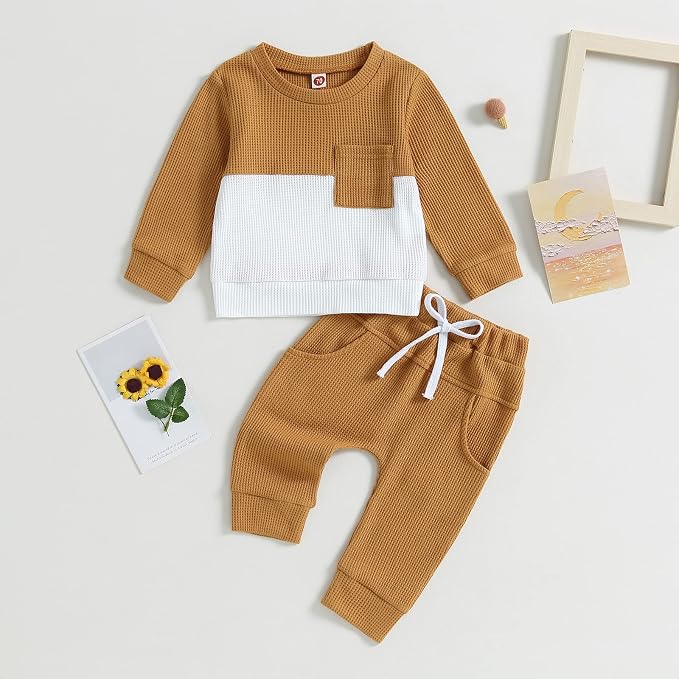 Toddler Baby Boy Fall Clothes Waffle Contrast Color Sweatshirt Pants Sets - Image 2