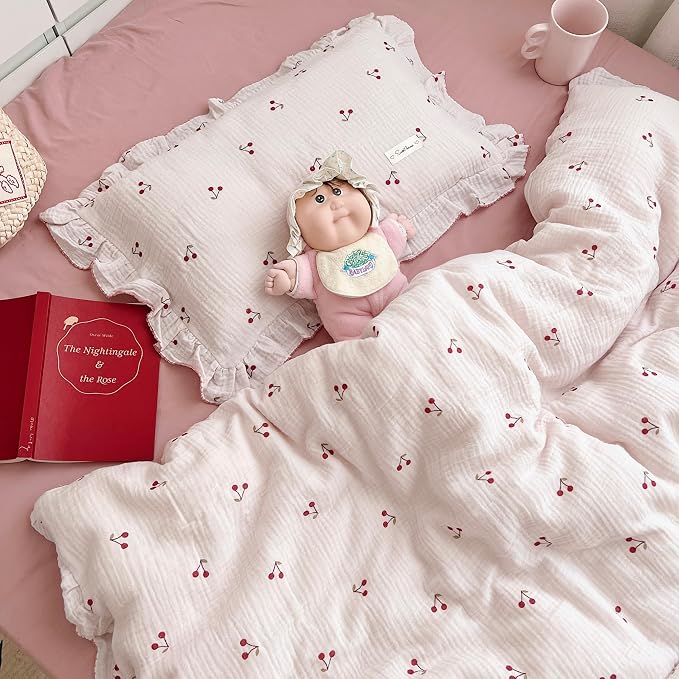 BuLuTu Cotton Muslin Kids Toddler Pillowcase Cherry Pattern, Soft Travel Pillow - Image 7
