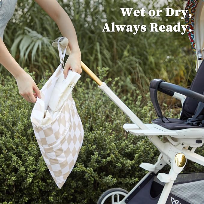 Beige Khaki Checkered Waterproof Wet Dy Diaper Bag - Image 4