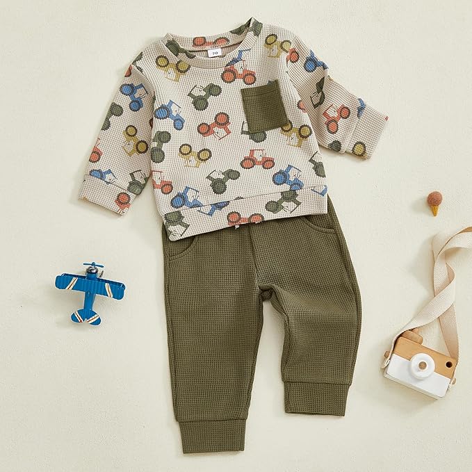 Toddler Baby Boy Fall Clothes Waffle Outfit Long Sleeve Color Blocking - Image 6