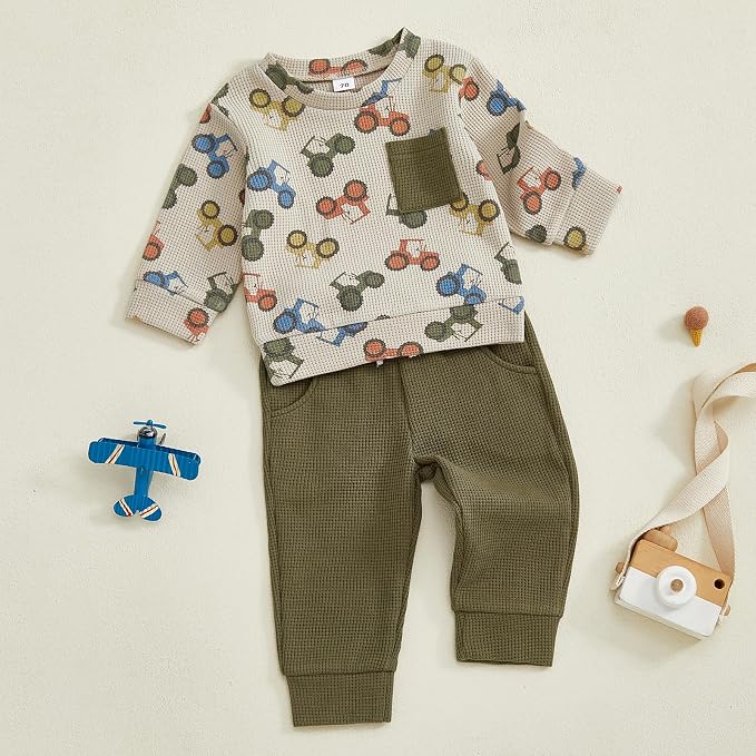 Toddler Baby Boy Fall Clothes Waffle Outfit Long Sleeve Color Blocking - Image 6