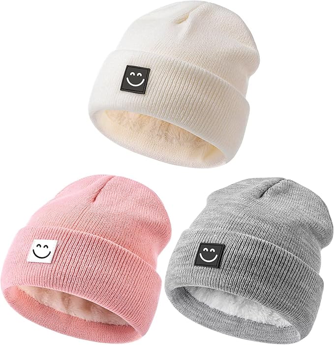 Baby Beanie Hat 3 Packs with Cute Smiley Face, Toddler Girls Boys Baby Hats by Hispeka