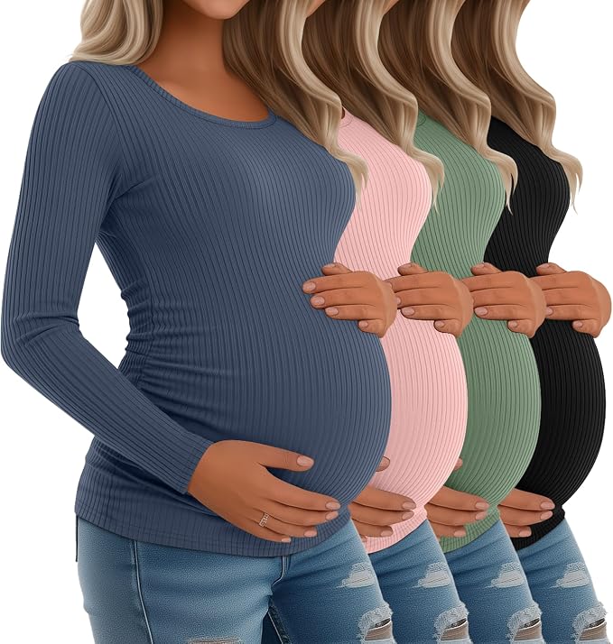 Riyiper 4 Pack Women's Maternity Shirts, Long Sleeve Cotton Ribbed Pregnancy by Riyiper