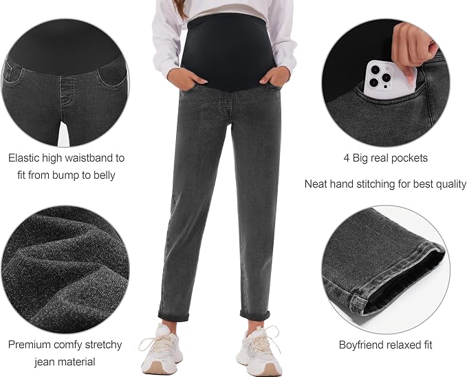 POSHGLAM Women's Maternity Jeans Over Belly Comfy Stretch 28'' Boyfriend Jeans - Image 2