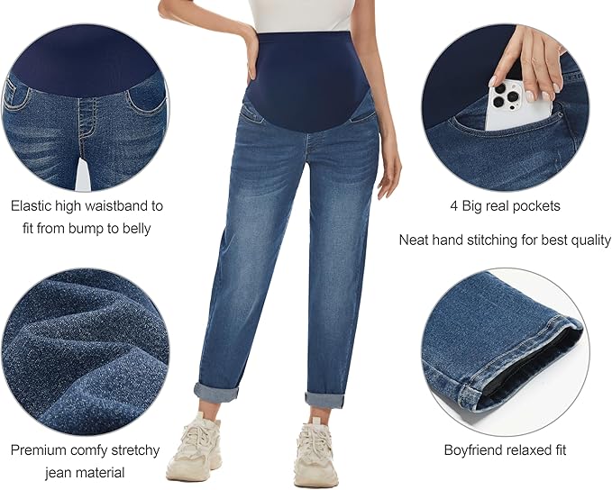 POSHGLAM Women's Maternity Jeans Over Belly Comfy Stretch 28'' Boyfriend Jeans - Image 2