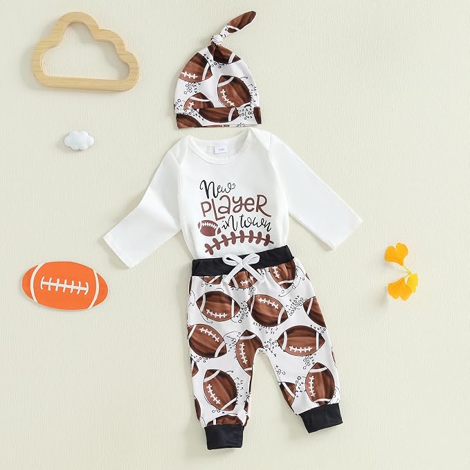 Baby Boy Hockey Outfit New Player in Town Long Sleeve Romper Long Pants Hat Set - Image 4