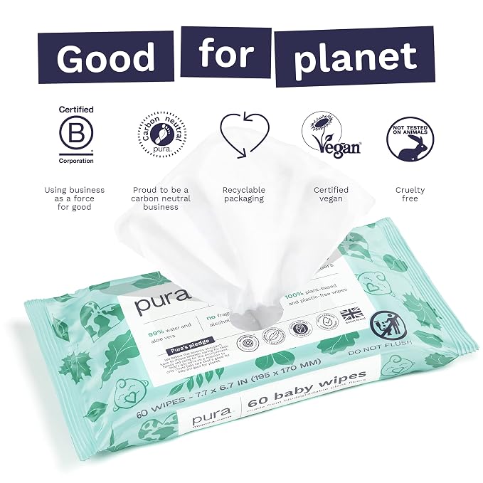 Pura Baby Wipes 3 x 60 per pack 100% Plastic-Free & Plant Based Wipes, 99% Water - Image 4