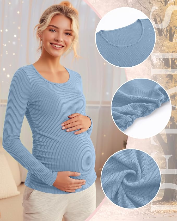 Riyiper 4 Pack Women's Maternity Shirts, Long Sleeve Cotton Ribbed Pregnancy - Image 5