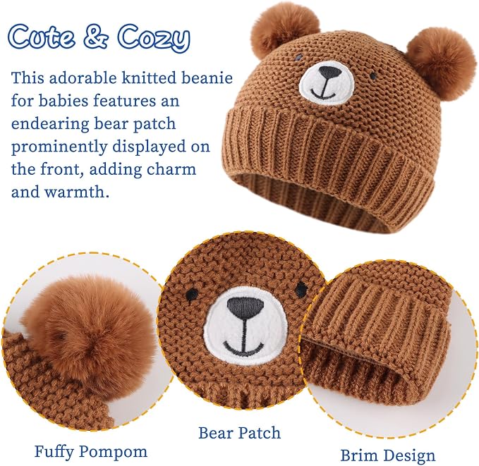 JANGANNSA Cute Bear Baby Beanie Pompom Baby Boys Hat Infant Toddler Winter - Image 3