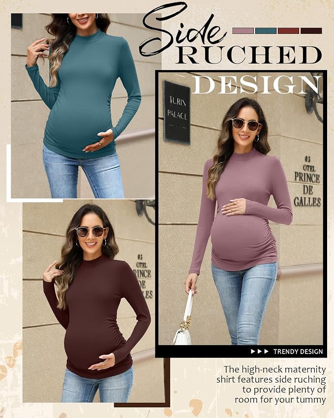 4 Packs Womens Maternity Shirts Long Sleeve Cotton Ribbed Pregnancy Mock Neck - Image 5