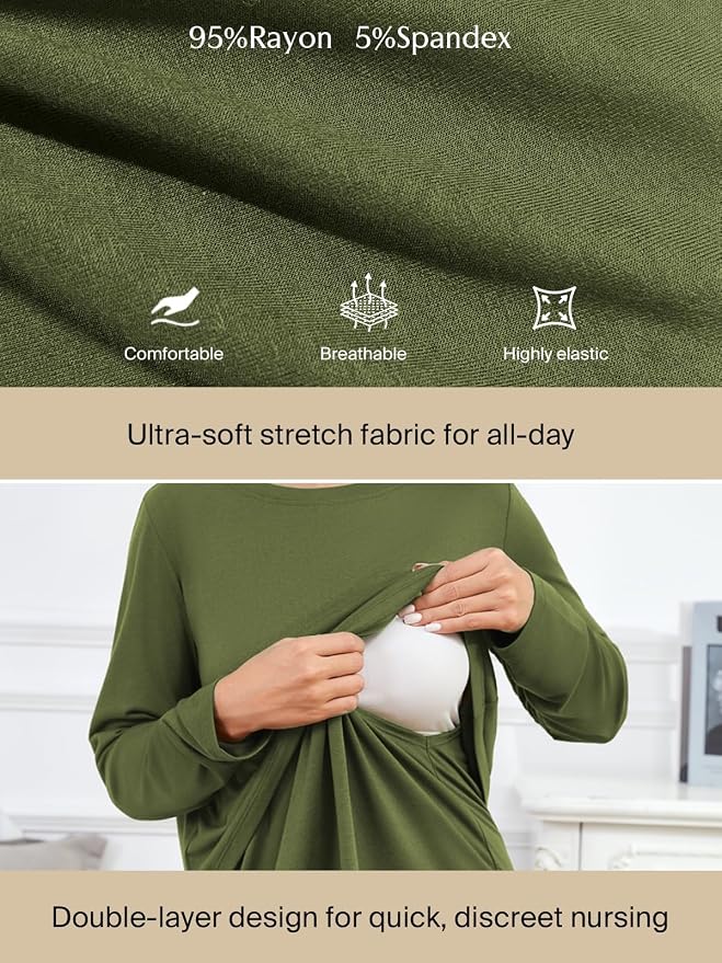 Ecavus Women's 3Pack Maternity Nursing Shirts Long Sleeve Double Layer - Image 3